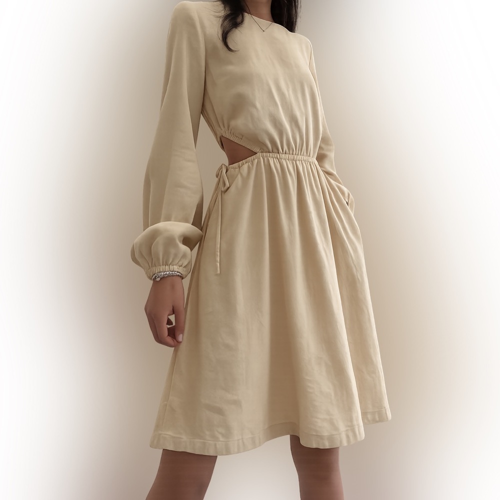 Universal Thread Cream Linen-Blend Long Sleeve Cinch Waist Midi Dress Size Small